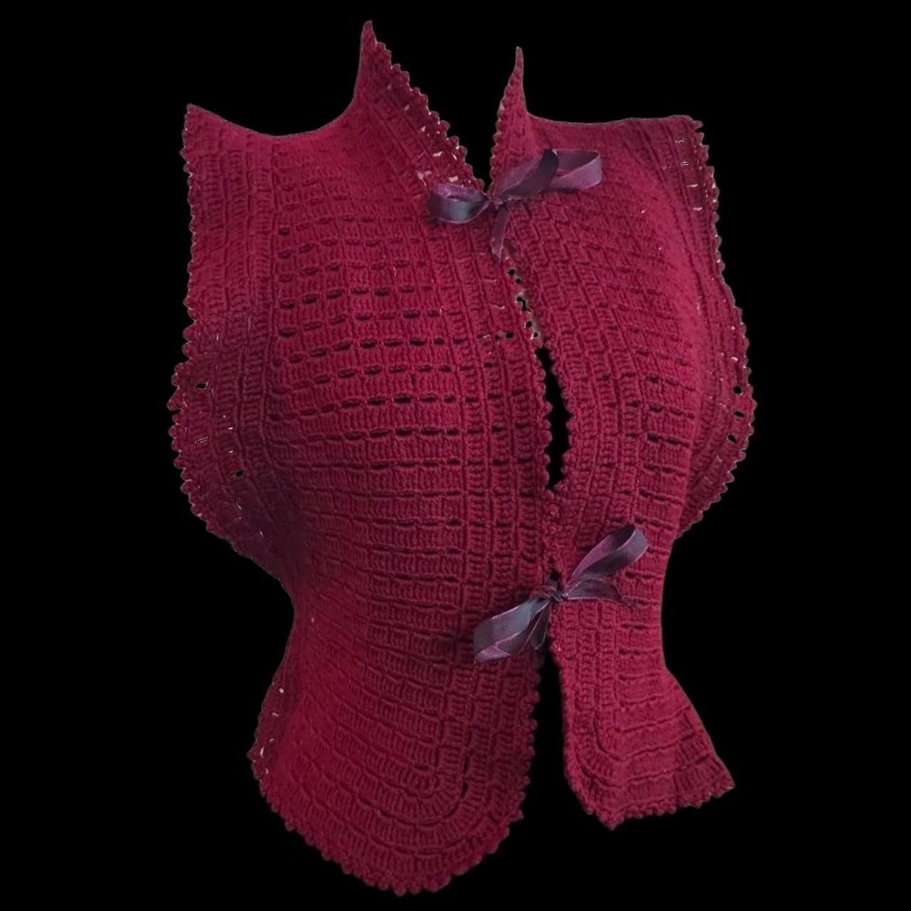 Burgandy Red Crochet Antique Vest 1920s 1930s‎ Art Deco Sweater Shawl Bows Folk